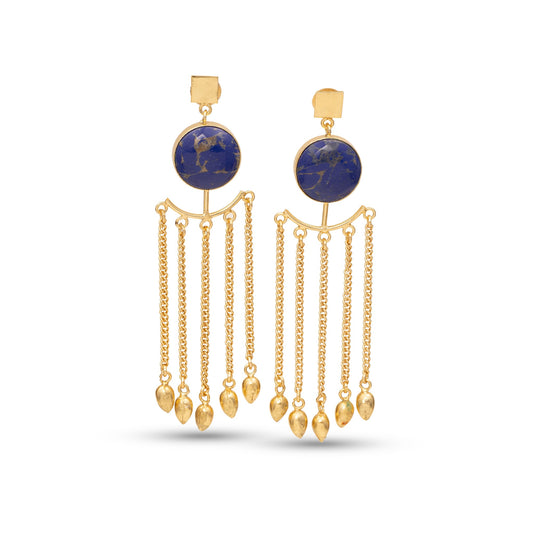 Gold earrings with blue stones on a white background