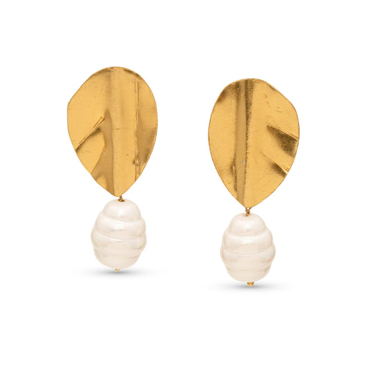 Gold leaf-shaped earrings with pearl drops on a white background