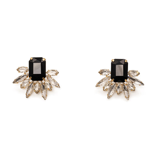 Pair of earrings with black gemstones and clear stones on a white background