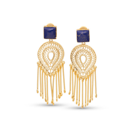 Gold earrings with blue stones on a white background