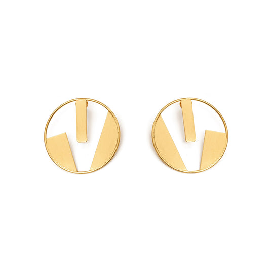 Gold earrings with a geometric design on a white background