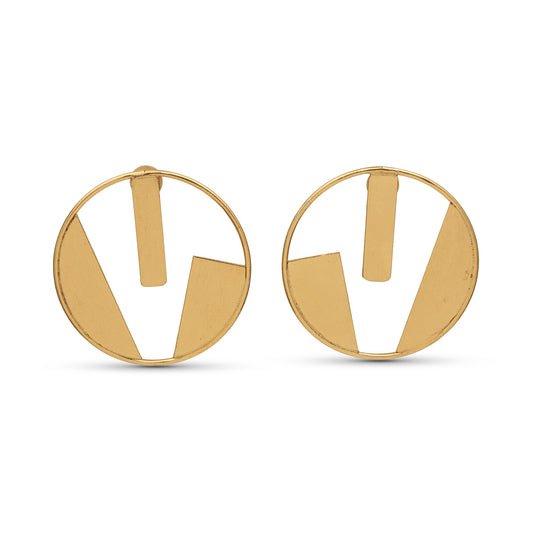 Gold hoop earrings with vertical bars on a white background