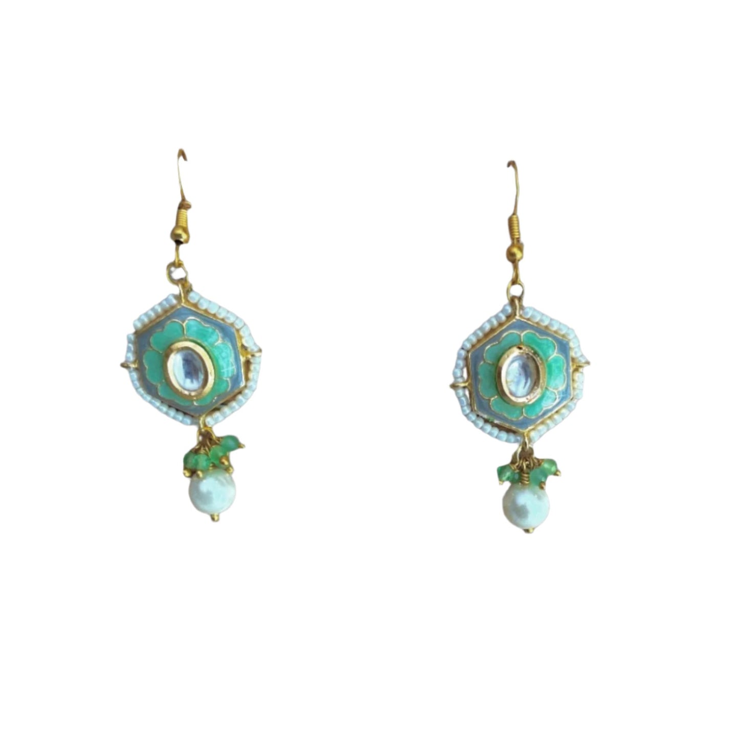 These earrings embody the free-spirited elegance and musical beauty of classic jazz. The Gypsy Earrings feature a striking hexagonal shape, with lustrous pearls dangling gracefully beneath, creating movement and light. Hand-painted green enamel adds a pop of color