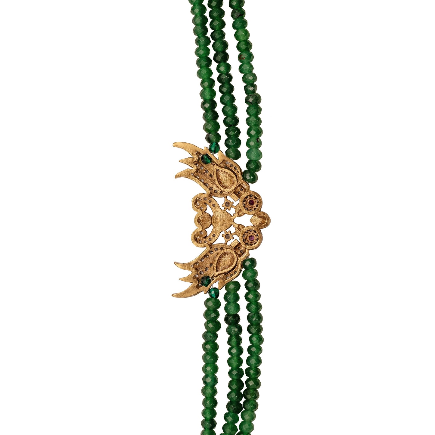 Green beaded bracelet with a gold pendant on a white background