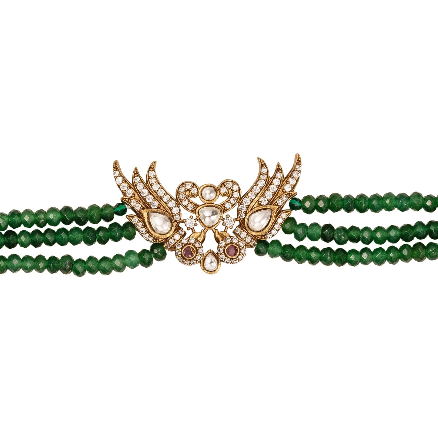 Green jade beaded bracelet with gold and gemstone clasp on a white background