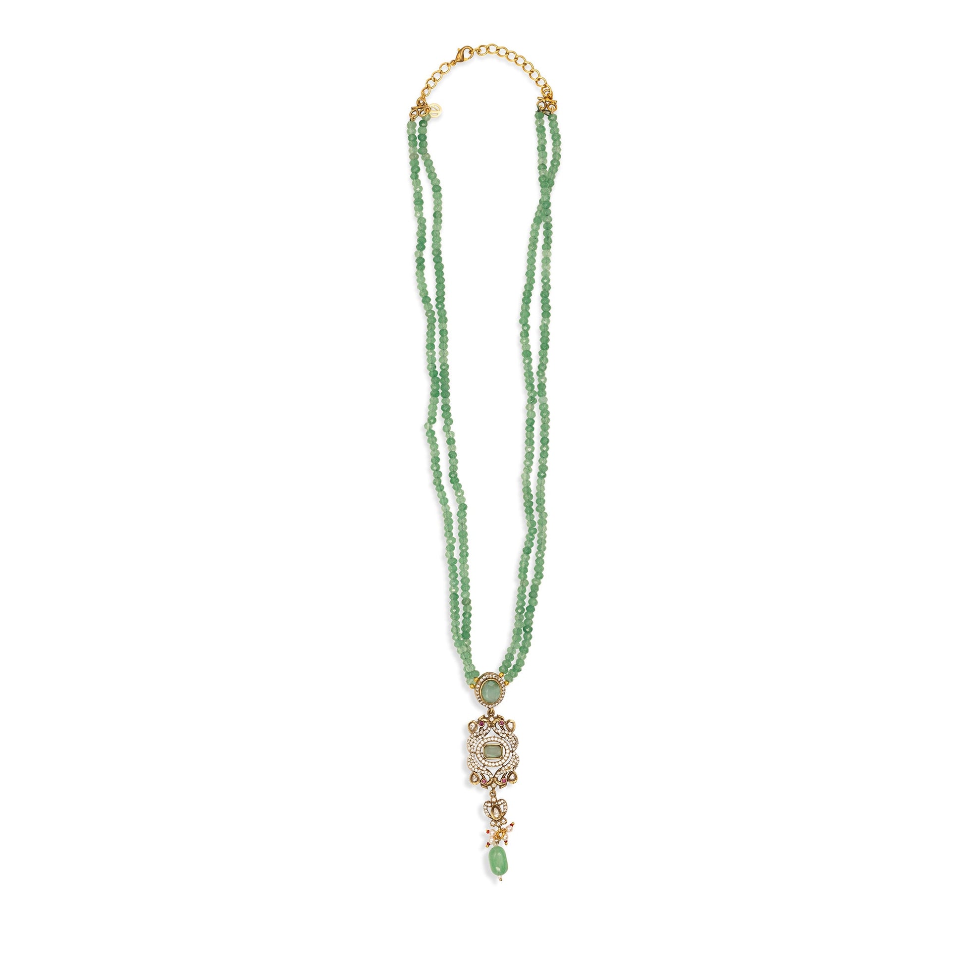 Green beaded necklace with a decorative pendant on a white background
