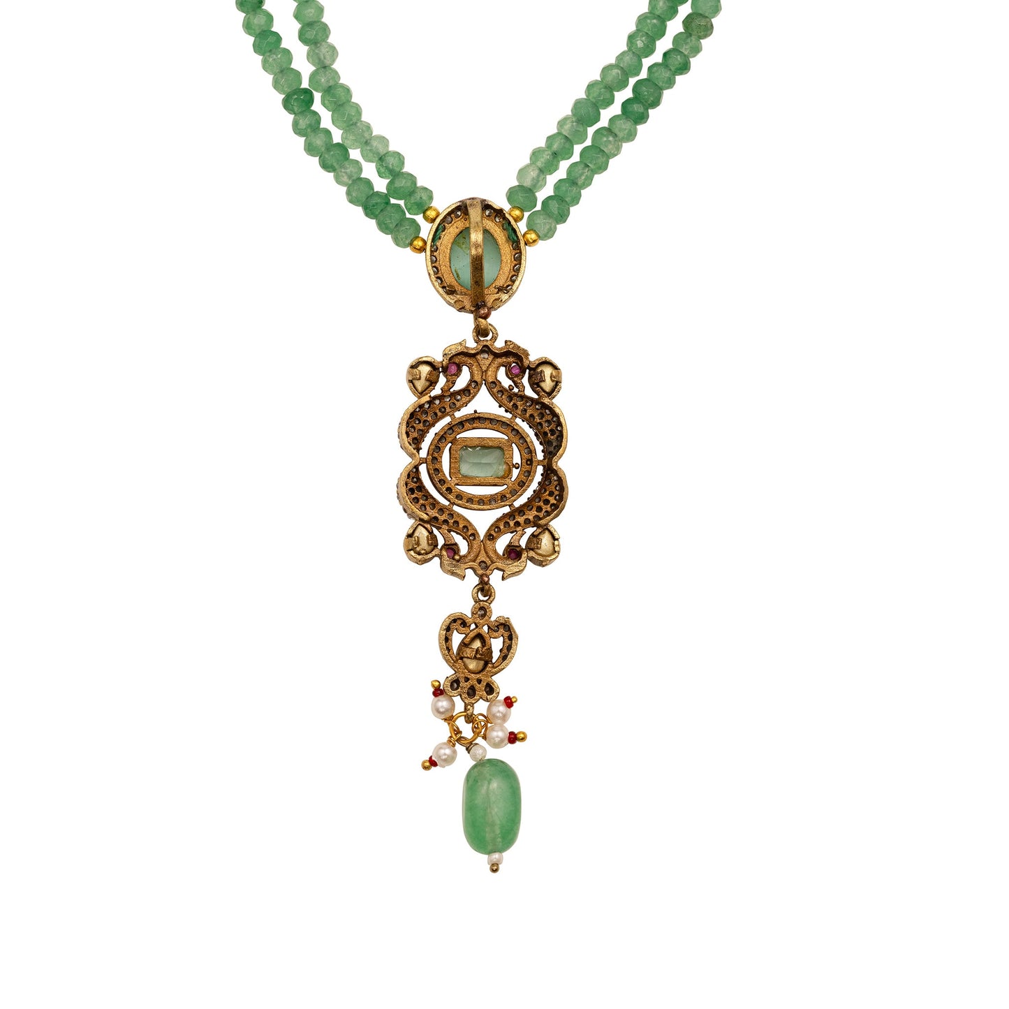 Necklace with green beads and gold pendant on a white background