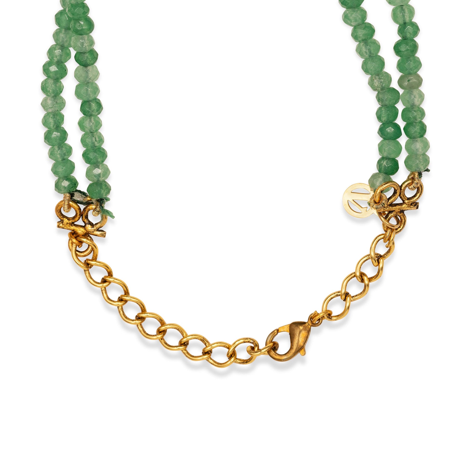Green beaded necklace with gold chain on a white background