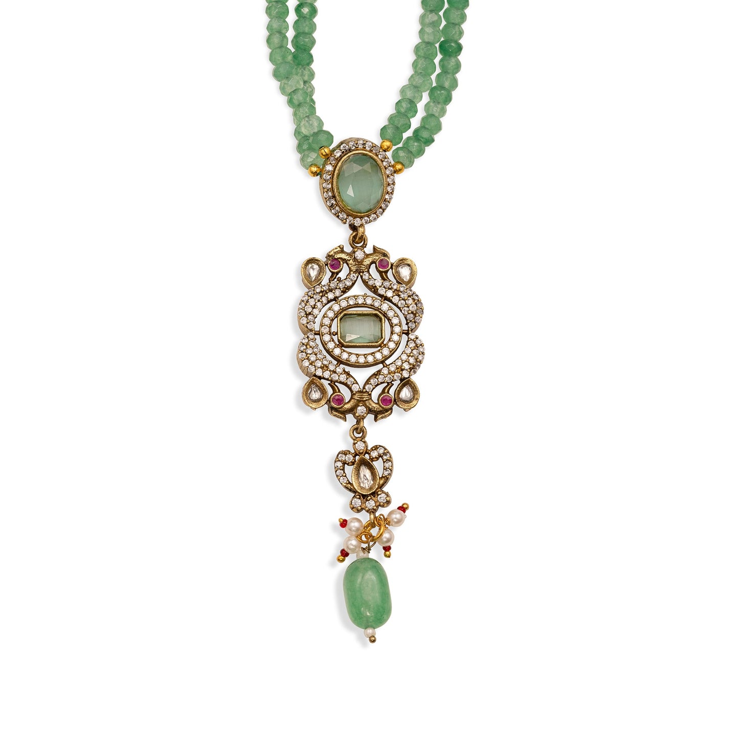 Necklace with green beads and decorative pendant on a white background
