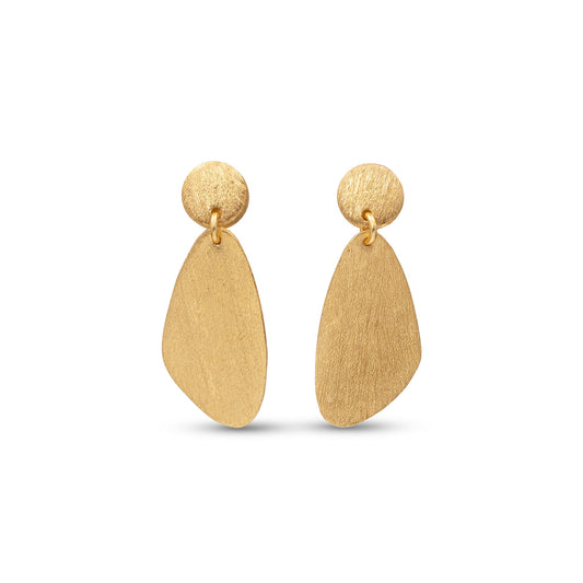 Pair of gold earrings on a white background Dragon fly wing shaped