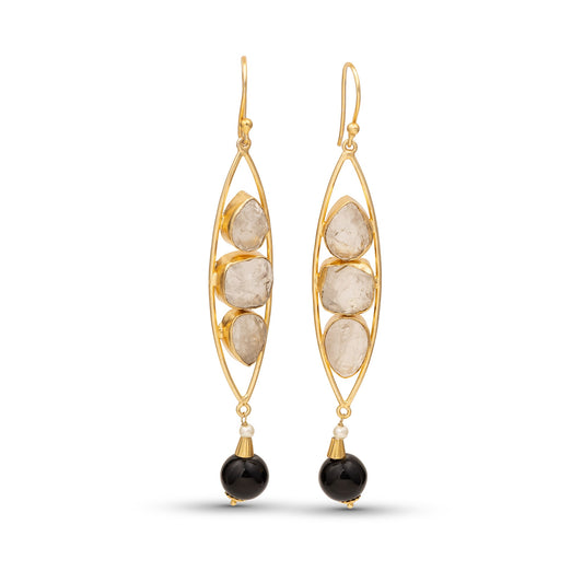 Gold earrings with stone and black bead drops on a white background