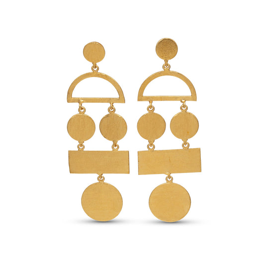 Gold earrings with circular and rectangular designs on a white background