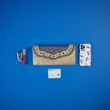Lakshmi handbag. Turquoise and gold tear drop hand bag with chain strap. Rani Collection by Veronica Tharmalingam. Can hold smart phone, key lipstick or gloss and cards