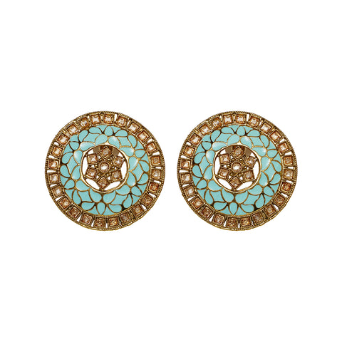 Round big stud earrings with gold, turquoise and champagne color details. Meera stud earrings from Maheswary collection by Veronica Tharmalingam
