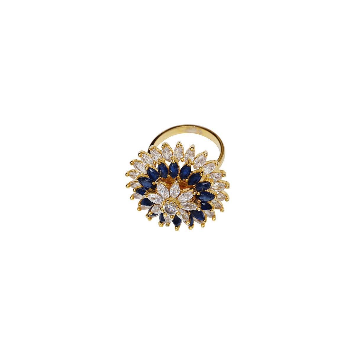 Magai White and blue ring in a floral circular arrangement , three layers of white stones and blue stones mounted on gold. Maheswary collection by Veronica Tharmalingam. As seen in editorials