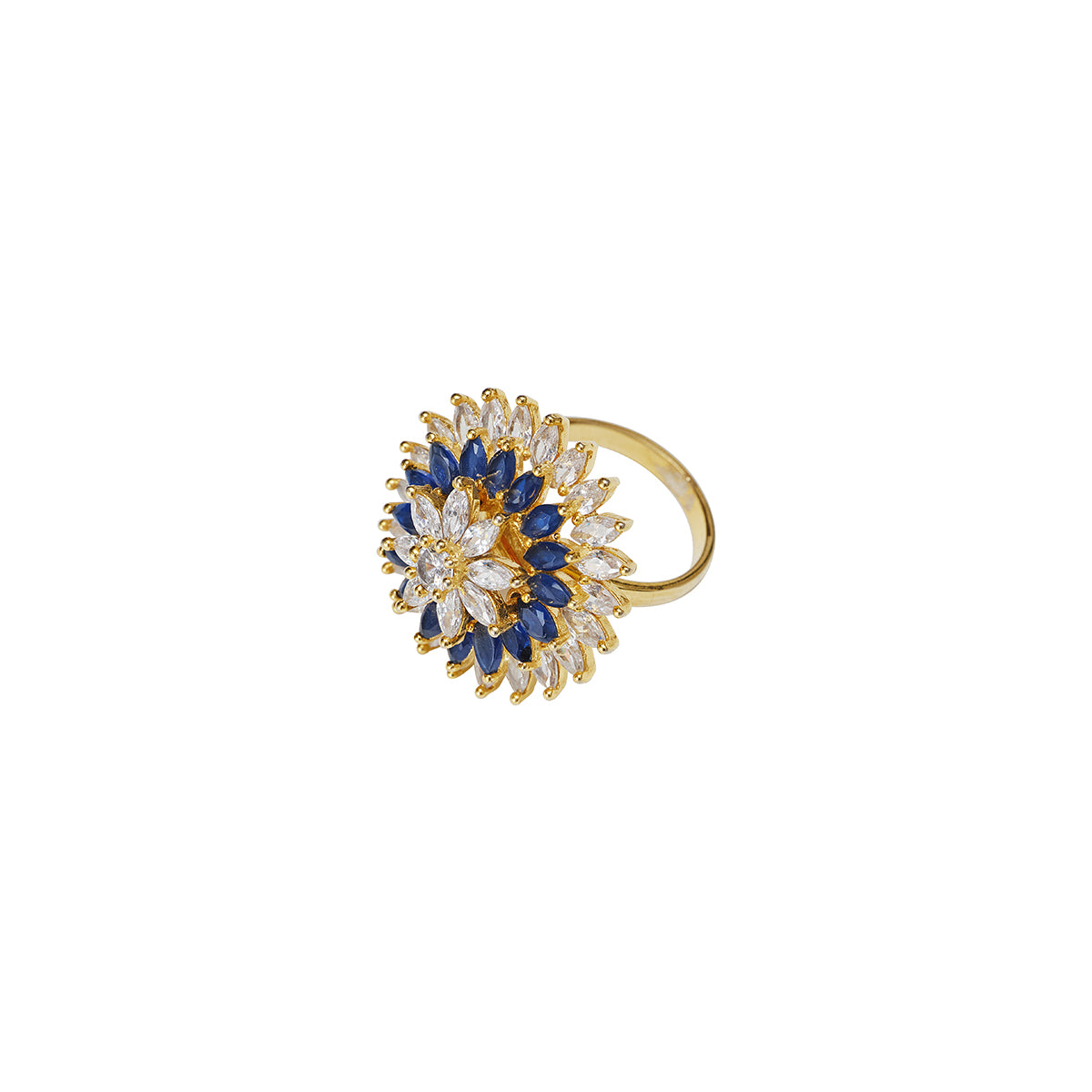 Magai White and blue ring in a floral circular arrangement , three layers of white stones and blue stones mounted on gold. Maheswary collection by Veronica Tharmalingam