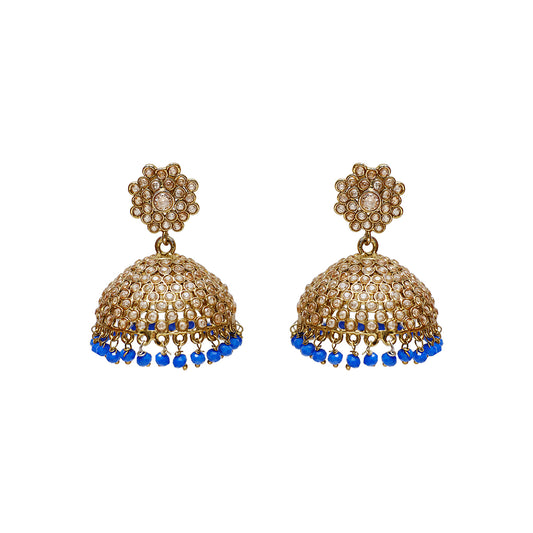 Gold and blue dome dangling earrings. As seen on editorials L'officiel, Vogue, Vogue Portugal. Kalpana hanging earrings  from Maheswary Collection by Veronica Tharmalingam