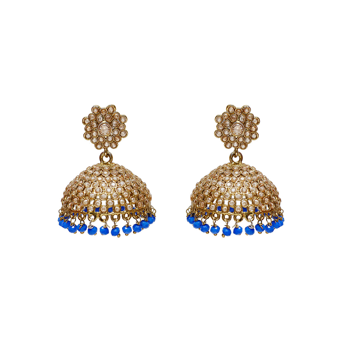 Gold and blue dome dangling earrings. As seen on editorials L'officiel, Vogue, Vogue Portugal. Kalpana hanging earrings  from Maheswary Collection by Veronica Tharmalingam