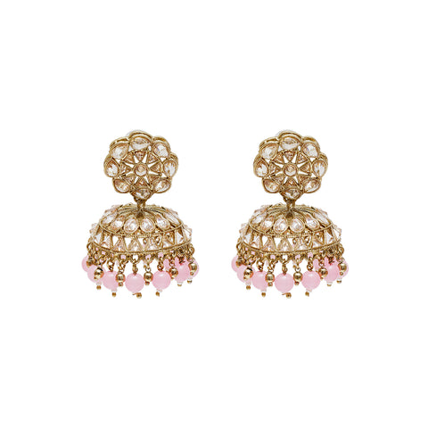 Gold and pink dangling earrings dome shaped and flower clasp. Masde with kundan stones and pastel pink beads. Abi earrings from Maheswary Collection Limited edition by Veronica Tharmalingam