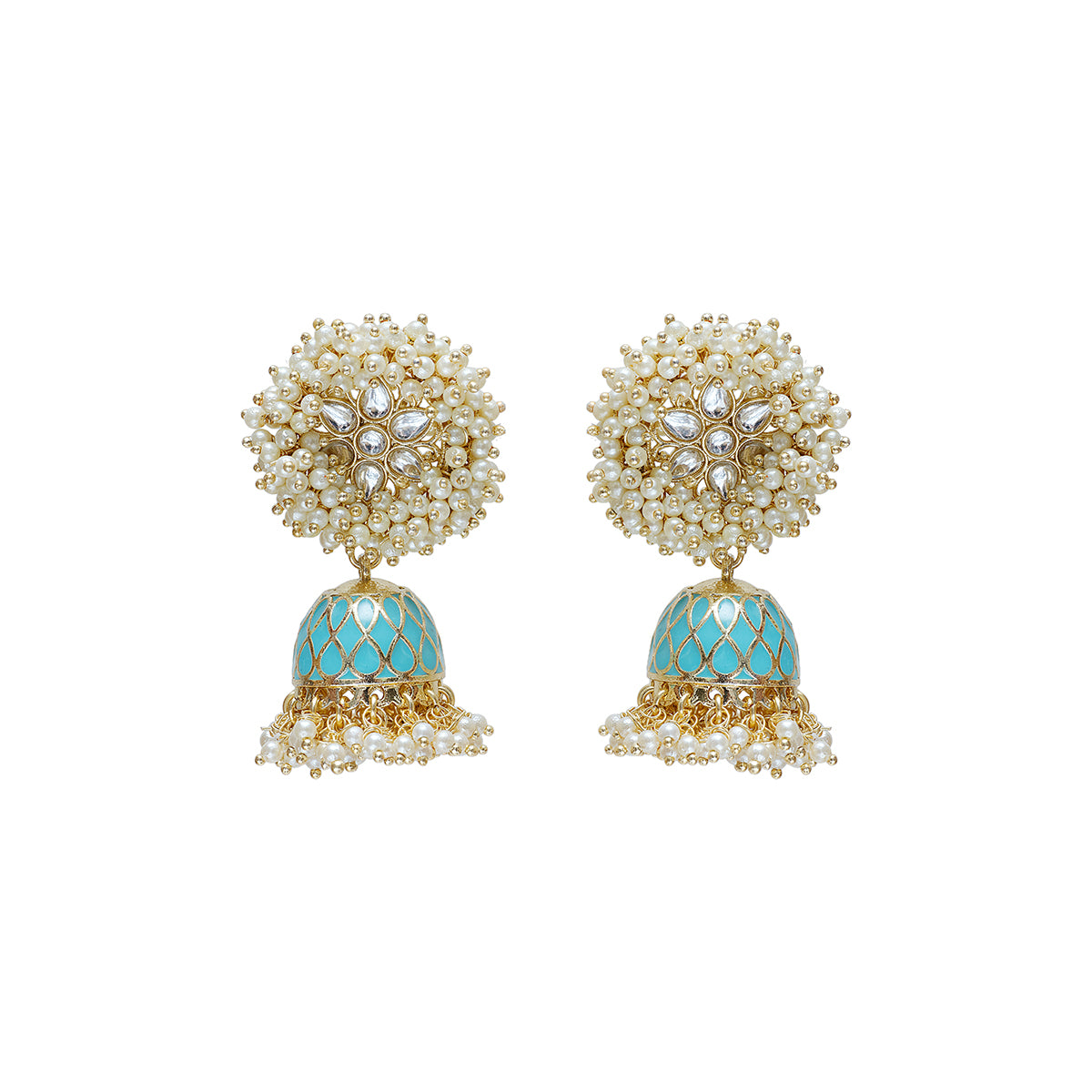 Pearl gold and turquoise earrings statement piece. Pearls and kundan detail Medha earrings by Veronica Tharmalingam from Maheswary Collection