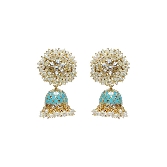 Pearl gold and turquoise earrings statement piece. Pearls and kundan detail Medha earrings by Veronica Tharmalingam from Maheswary Collection