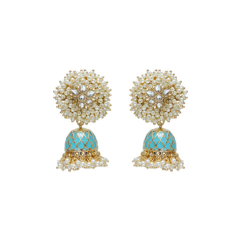 Pearl gold and turquoise earrings statement piece. Pearls and kundan detail Medha earrings by Veronica Tharmalingam from Maheswary Collection