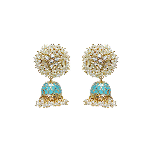 Pearl gold and turquoise earrings statement piece. Pearls and kundan detail Medha earrings by Veronica Tharmalingam from Maheswary Collection