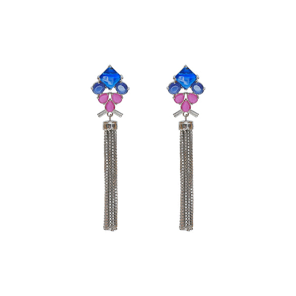 Blue pink and silver earrings dangling. Mary Kom hanging earrings from Maheswary Collection by Veronica Tharmalingam. As seen on the ramp at NYFW2021 Flying Solo and editorials