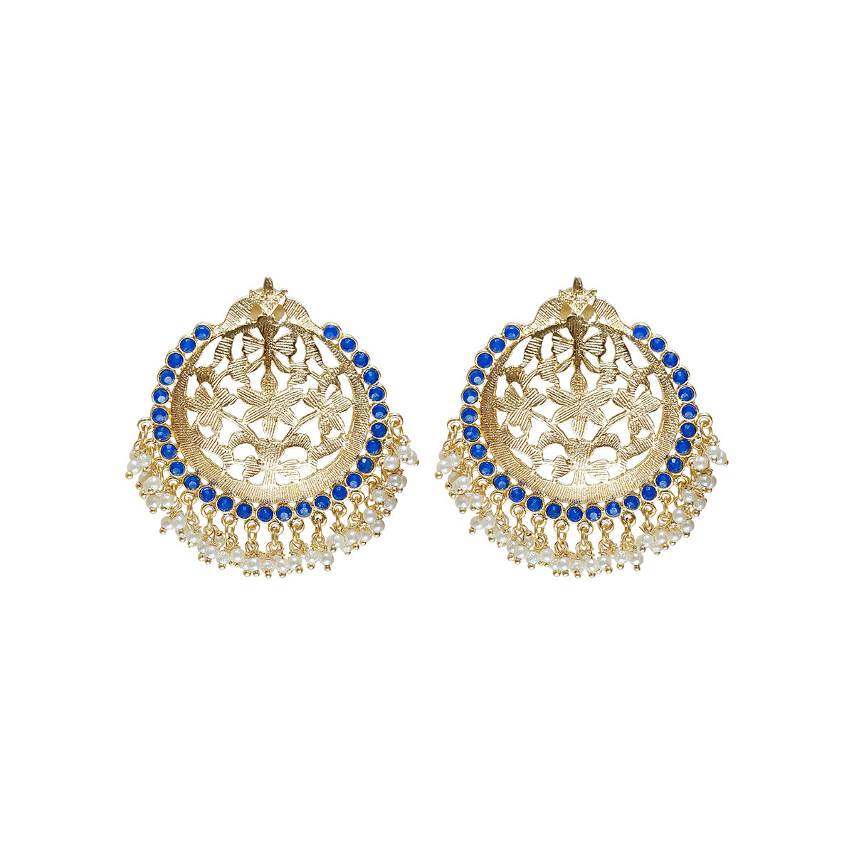 Big blue gold and white stud earrings as seen on ramp at NYFW 2021 . Sushma earrings from Maheswary collection by Veronica Tharmalingam