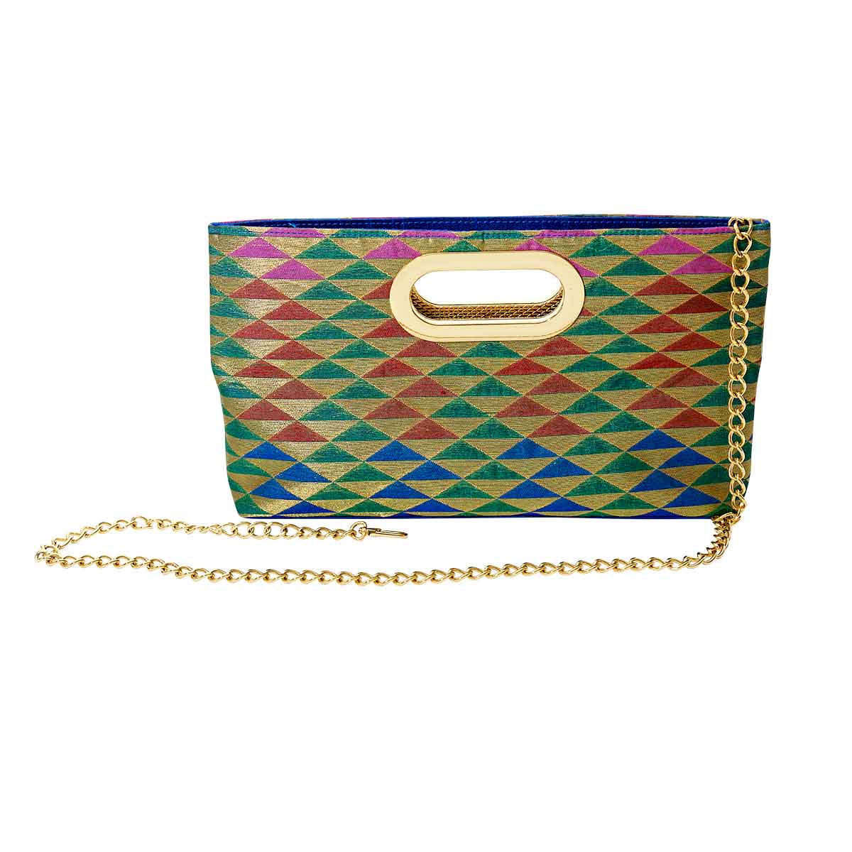 Gaja Multi color mini tote with gold handle and chain shoulder strap. Rani Collection as seen at NYFW 2021 Flying solo by Veronica Tharmalingam