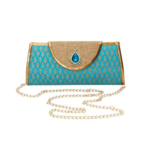Lakshmi handbag. Turquoise and gold tear drop hand bag with chain strap. Rani Collection by Veronica Tharmalingam