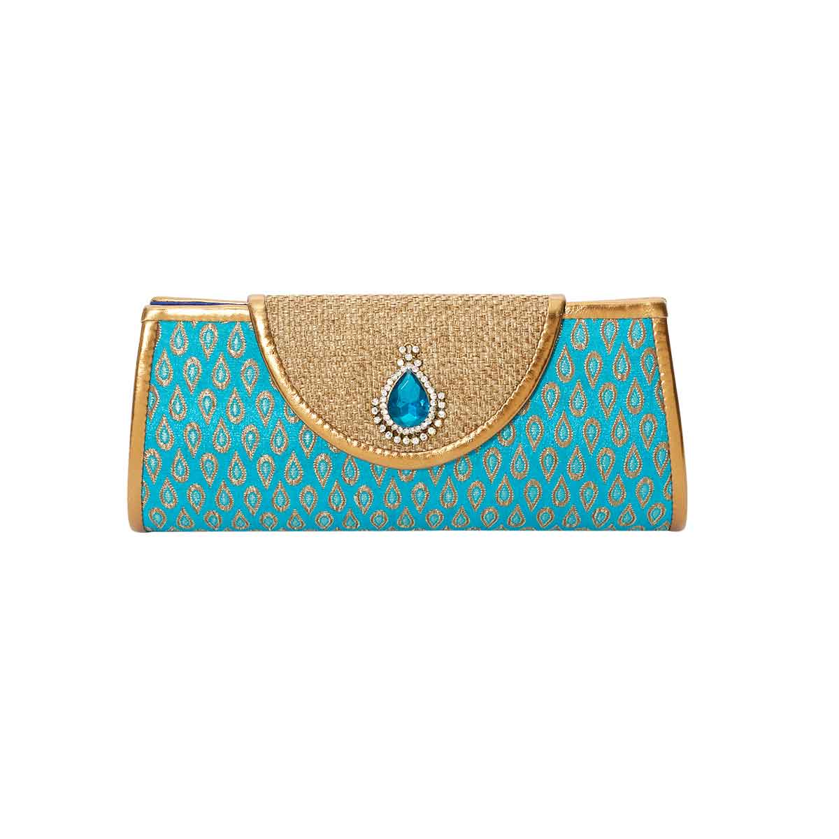 Lakshmi handbag. Turquoise and gold tear drop hand bag with chain strap. Rani Collection by Veronica Tharmalingam. Front view