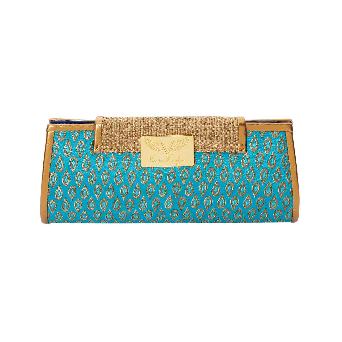 Lakshmi handbag. Turquoise and gold tear drop clutch bag with chain strap. Rani Collection by Veronica Tharmalingam. Back view with logo plaque in gold.