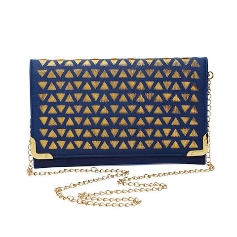 Nisha bag Faux leather Navy blue and gold pochette with chain strap. Hook on strap for multiple positions.  Rani collection by Veronica Tharmalingam