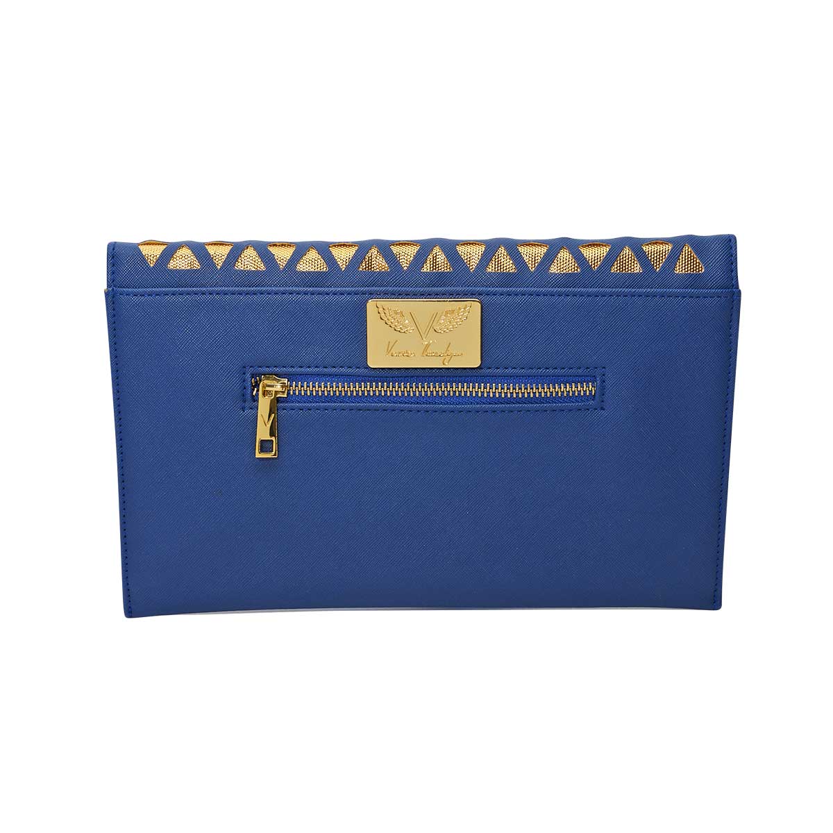 Nisha bag Faux leather Navy blue and gold pochette with chain strap. Hook on strap for multiple positions. Rani collection by Veronica Tharmalingam. Back view of the clutch with zipper for added storage space.
