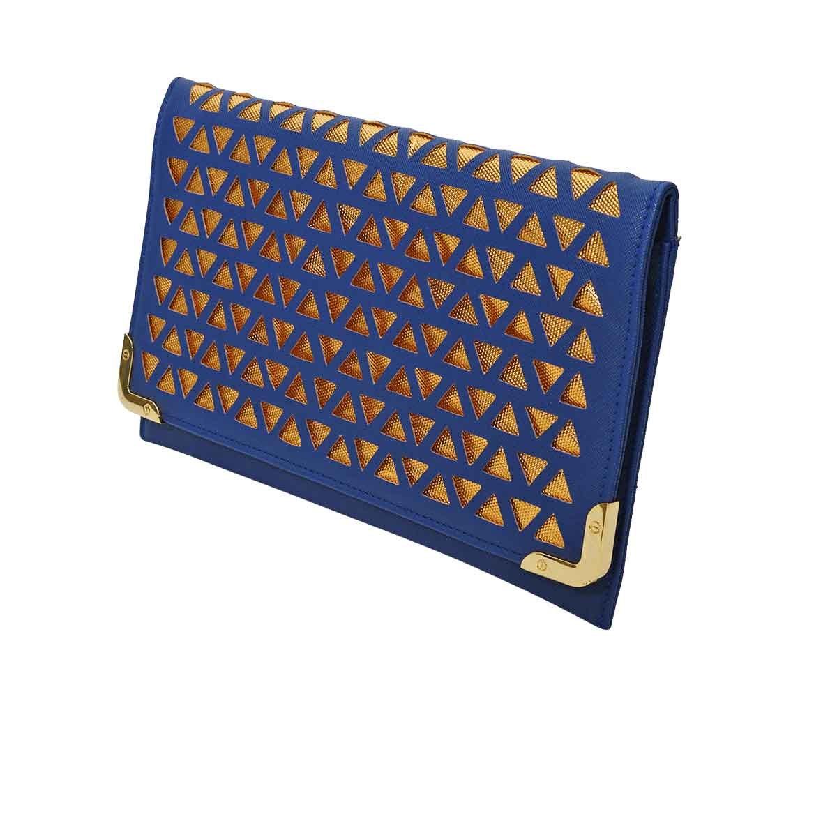 Nisha bag Faux leather Navy blue and gold pochette with chain strap. Hook on strap for multiple positions. Rani collection by Veronica Tharmalingam. Side view of the slim pouche