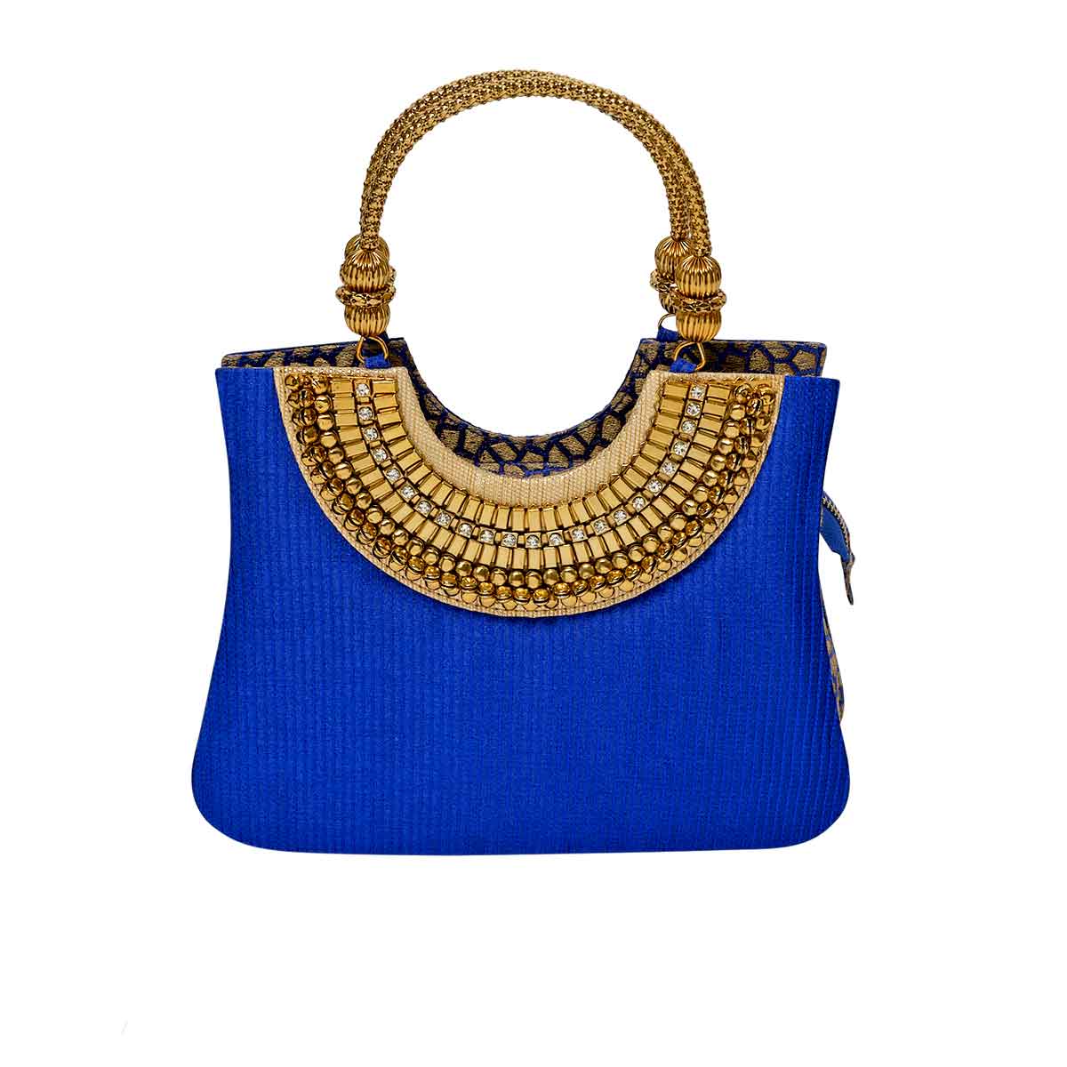 Suriya Mini tote blue and gold with ornate handles. As seen on ramp at NYFW 2021  and editorials