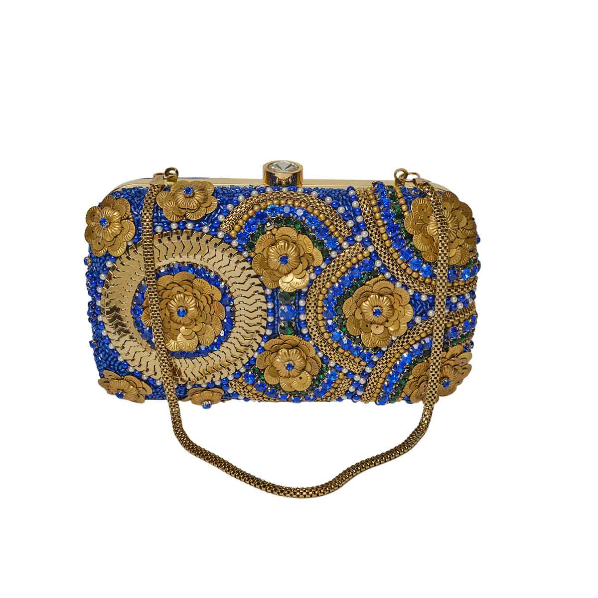 Blue and gold clutch handbag, with big stone lock and detailed chain shoulder strap. Aelia Clutch from Rani Collection by Veronica Tharmalingam