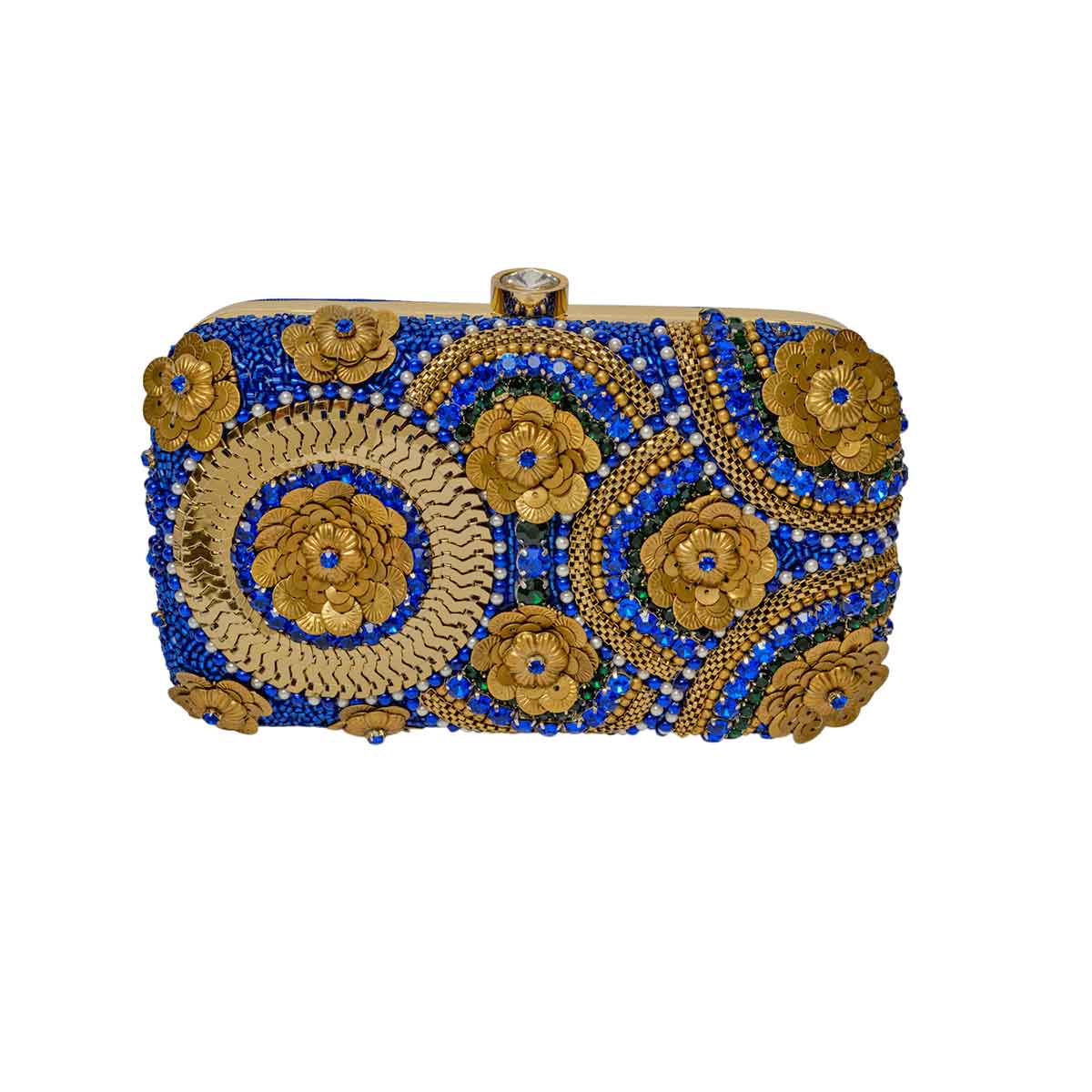 Blue and gold clutch with big stone clasp lock. Aelia Clutch from Rani Collection by Veronica Tharmalingam