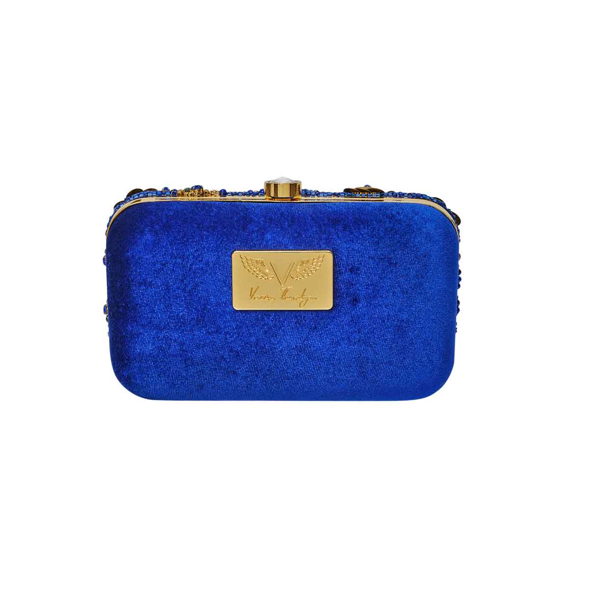 Back view of Blue and gold clutch handbag, with big stone lock. Blue velvet fabric and gold plaque with logo. Aelia Clutch from Rani Collection by Veronica Tharmalingam