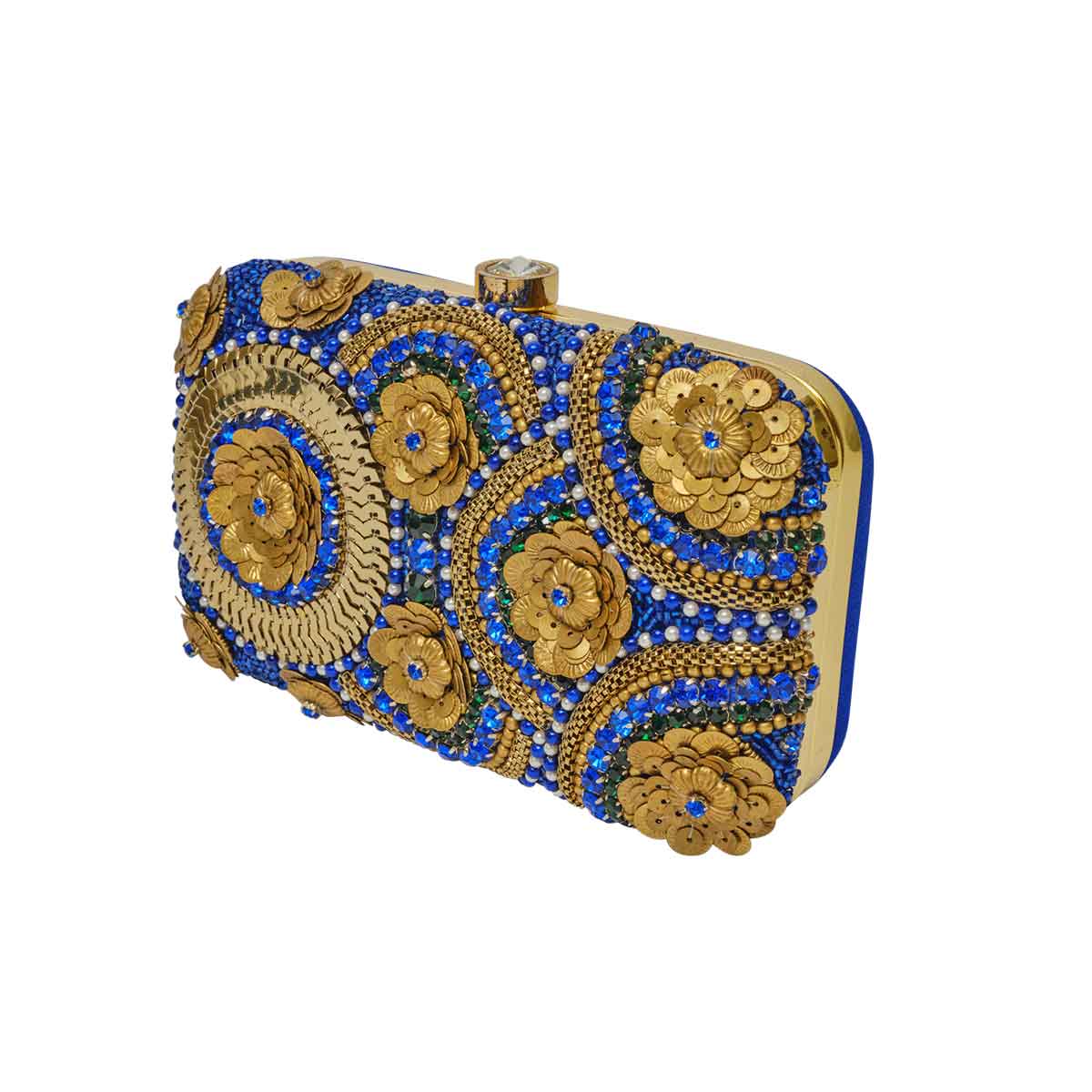 side view of Blue and gold clutch handbag, with big stone lock. Aelia Clutch from Rani Collection by Veronica Tharmalingam